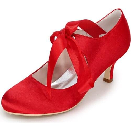 Mid Heels Satin Wedding Shoes Women Round Toe Tie up Heeled Satin Prom Evening Bridal Party Lady Dress Pumps