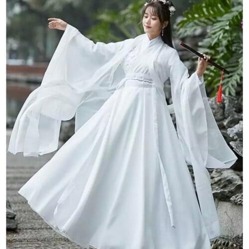 XinHuaEase White Hanfu Dresses Fairy Costume Chinese Style Traditional Wide Sleeve Fresh Suit Ancient Oriental Folk Performance