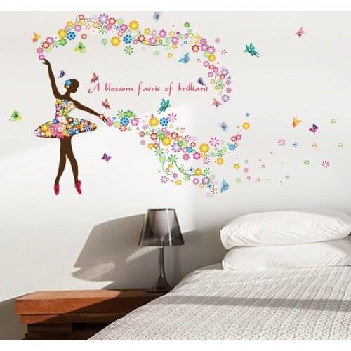 Large size 120CM*87CM Romantic flower fairy Ballerina girl Wall Stickers for Girls Room Wall Art Decoration stickers murals