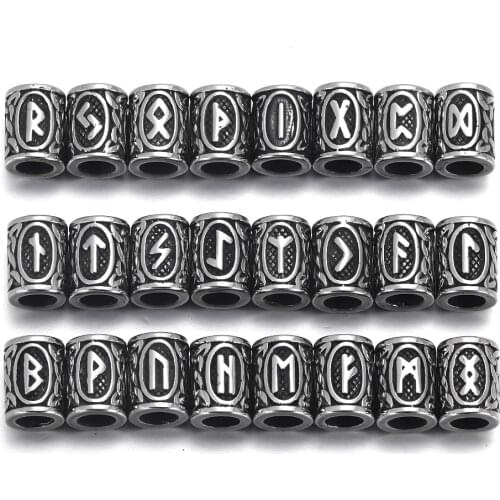 Stainless Steel Viking Rune Bead 6mm Large Hole Futhark Hair Beards Beads Bracelet Charm for DIY Jewelry Making Accessories