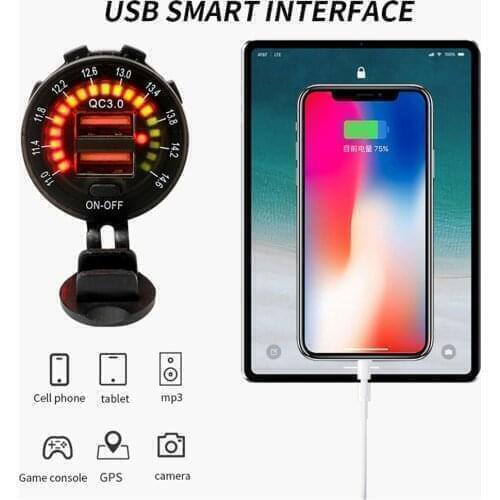 Quick Charge 3.0 36W Car Dual USB Charger QC3.0 Waterproof with Voltmeter Switch for 12V/24V Motorcycle ATV Boat Marine RV