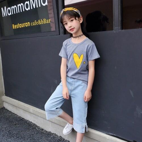 Kids love girls 2pcs summer suit printed T-shirt + jeans seven new big virgin suit 4-12 years old