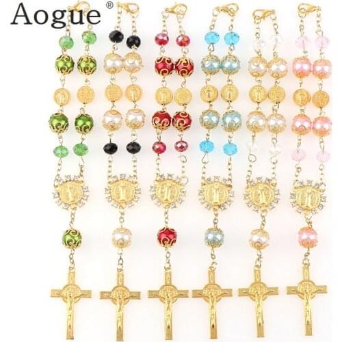 6 Pieces Random Mix Handmade Elasticated Gold Wire Wrap Pearl Bead Rosary Bracelet With Charms Cross Catholic