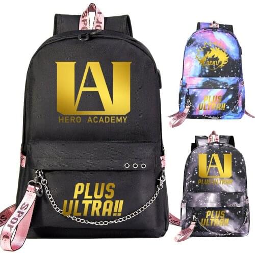 New Cartoon Gold My Hero Academia Prints Boys Girls Kids School bag Women USB Chain Backpack Canvas Men Bagpack Packsack Bookbag
