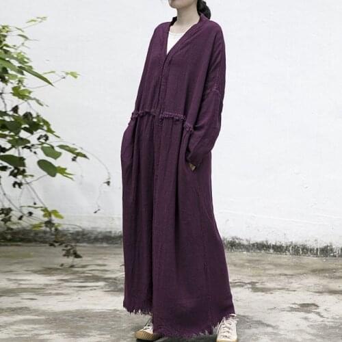 Johnature Autumn Winter 2021 New Cotton Linen Retro V-neck Long Sleeve Cardigan Windswear Loose Leisure Women Fashion Long Coats