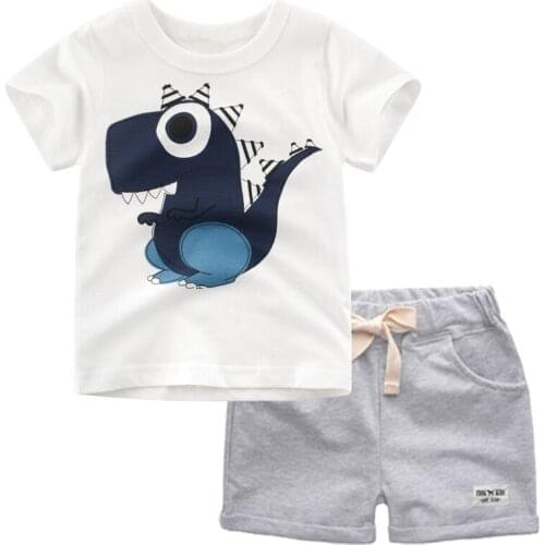 BINIDUCKLING Child Outfits Cartoon Dinosaur Printed Summer Cotton Clothes Set For Kids Boys O-Neck T-shirt+Shorts Boys Clothes