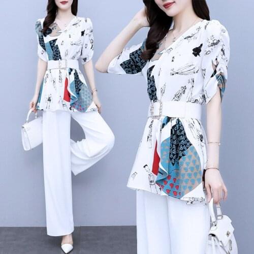 High Quality Womens Summer Suit Clothing Chiffon Wide Leg Pants White Office Ladys Top with Belt Female Foreign Two Piece Sets