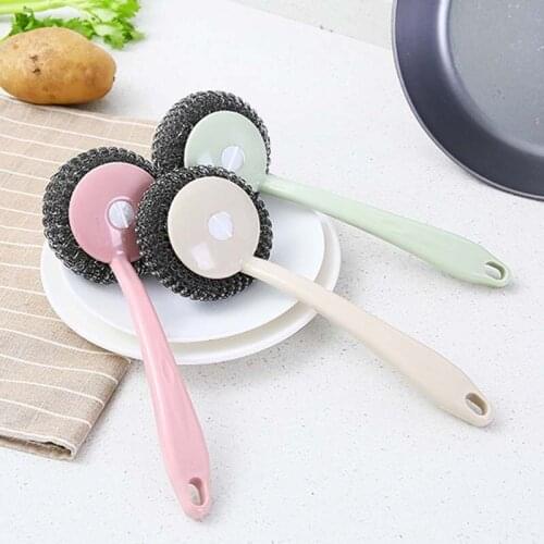 Kitchen long handle washing pot brush cleaning brush household large stainless steel wire ball washing pot brush pot artifact