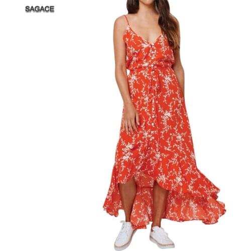 SAGACE Summer Boho Women Long Dress Floral Print V Neck Dress Sexy Ruffle Dress ladies Elegant Beach Dresses Hot Sales StyleA27