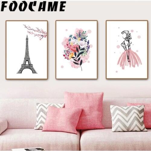 Cartoon Eiffel Tower Flower Abstract Girl Nordic Decoration Living Room Poster Modern Pictures Canvas Painting Wall Art Print