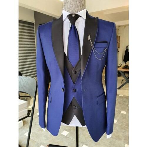 Hot Business Dark Blue Men Suits 3 Pcs Wedding Slim Fit Costume Homme Groom Suits Tuxedos Party Prom Terno Masculino Blazer