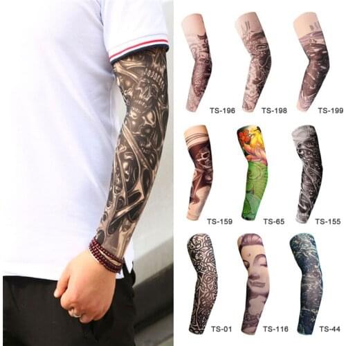 1Pc Nylon Elastic Fake Temporary Tattoo Sleeve Skull Wolf Clock Designs Body Arm Stockings For Men