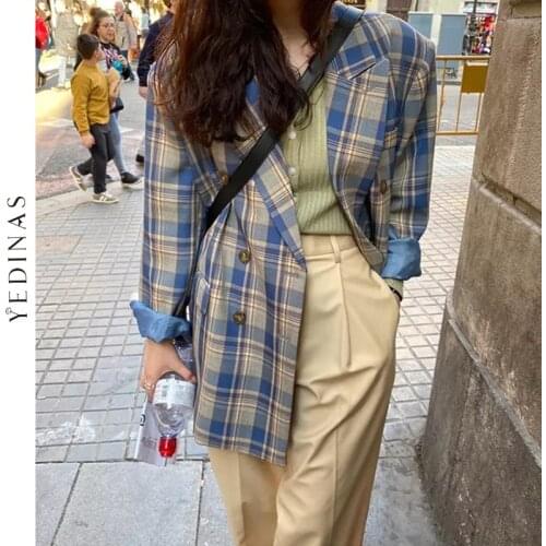 Yedinas New 2021 Autumn Winter Womens Blazers Oversize Plaid Buttons Pockets Jackets Notched Vintage Checkered Tops Korean