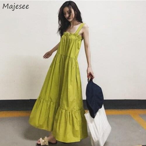 Sleeveless Dress Women Green Solid Ankle-length Korean Style Slim Loose Leisure Ladies Lovely Retro Young Party Dresses Trendy