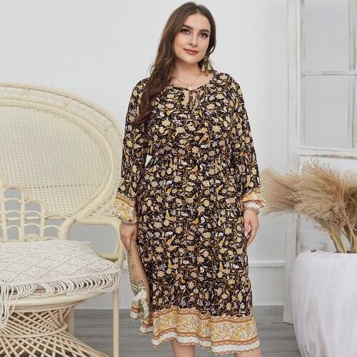 DOIB Women Floral Print Dress Plus Size Lace Up Midi Large Size Dress 2021 Vintage Elegant Summer Fashion 4XL Dress