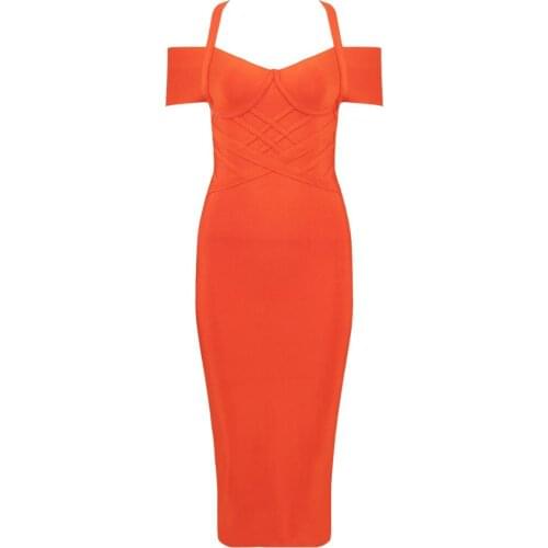 2019 New Trendy Drak Orange Midi Dress Sexy V-Neck Sleeveless Celebrity Party Fashion Wholesale Bandage Dress Vestido
