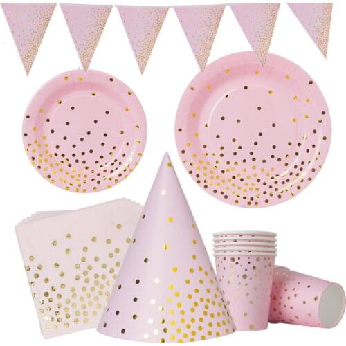 Pink Gold Dot Girl Party Disposable Tableware Cup Plate Napkin Hat straw Kids Baby Shower Wedding Birthday Party Decor Supplies