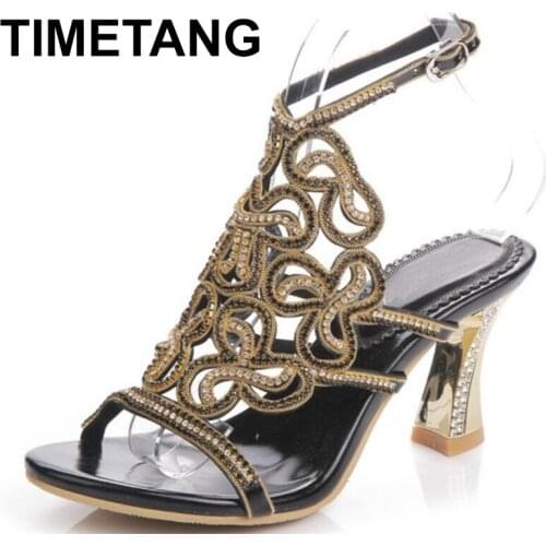 TIMETANGWomen Thick Open Toe Sandals Real Leather High Heels Lady Plus Size Crystal Sexy Fashion Crop Summer ShoesE1073