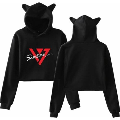 SEVENTEEN harajuku Cat Ear Cap Hoodies fashion streetwear cute Cat Crop Top Women Hoodies kawaii Sweatshirts Sexy Kpop Clothes