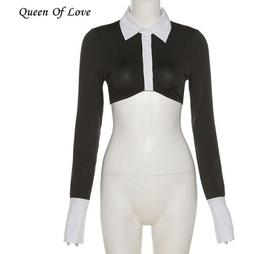 Y2K T-Shirt Women Patchwork Long Sleeve Tops Buttons Polo-Neck Skinny Stretchy Tees Fashion Streetwear Crop Top