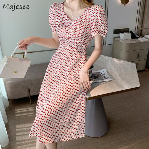 Dresses Womens Puff Sleeve Casual Students Vintage Print V-neck Summer Backless Lady Elegant Simple 3 Colors Trendy Korean Style