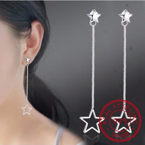 925 sterling silver jewelry geometric star charm long chain tassel minimal minimalist Silver ear wire chain earring
