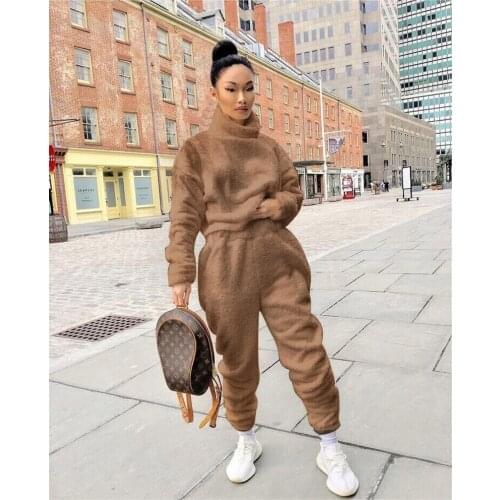 Women Two Piece Outfits Loose Casual Clothes Winter Plush Solid Color Turtleneck Sweater High Waist Elastic Waist Trousers Suit