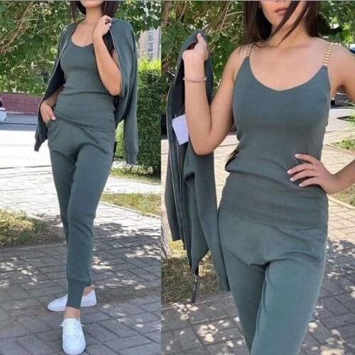 Hot Sale Tracksuit Women 3 Piece Set Knitted Chain Vest + Cardigans + Trousers Set Outfits