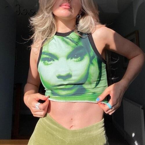 2021 New Style Womens Casual Tank Tops Ladies Girl Trendy Portrait Print Sleeveless Slim Fit Crop Tops