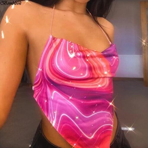 Bomblook 2021 Y2K Print Halter Sleeveless Backless Irregularity Lace Up Camisole Summer Women Casual Sexy Streetwears