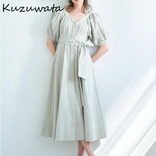 Kuzuwata 2021 Summer Fresh Womens Dress Japan Style Elegant Robe V Neck Puff Sleeve High Waist Drawstring Mid-Calf Vestidos