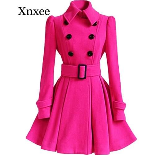 Winter Warm Women Coat Jacket Woolen Coat Turn-down Collar Slim Trench Jacket Belt Overcoat Elegant Outwear Female