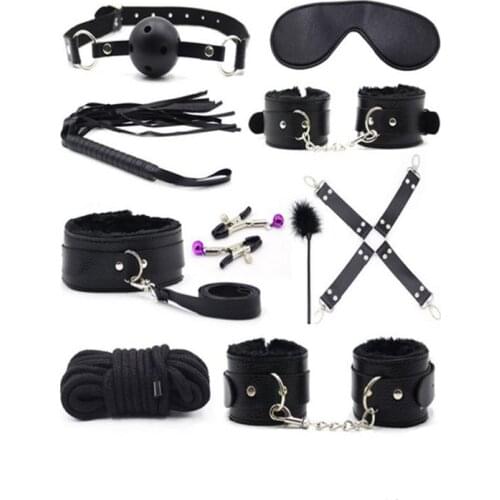 10 Pcs/set sex products PU Leather BDSM Sex Bondage Set Hand Cuffs Footcuff Whip Rope Blindfold Erotic Sex Toys For Couples
