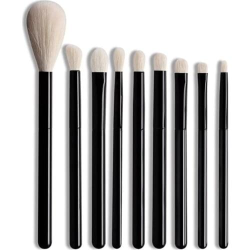 9pcs White Goat Hair Makeup Eye Shadow Blending Brushes Set Highlight Blusher Black Handle Portable Travel Crease Shader