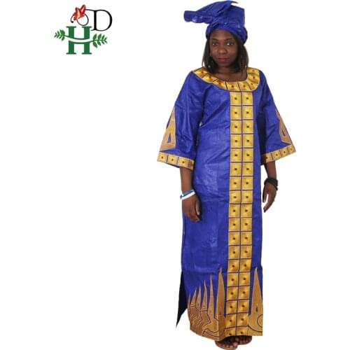 H&D 2021 African Cotton Dress For Women Bazin Riche Dress Head Wraps African Custom Clothes Dashiki Embroidery Maxi Dresses