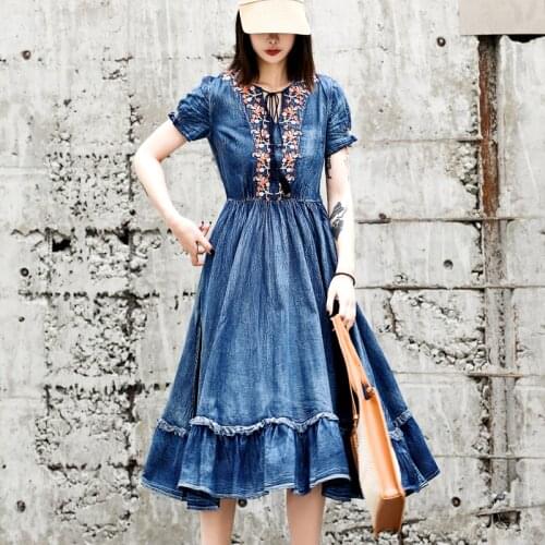 Free Shipping 2019 New Fashion Short Sleeve Denim Dresses For Women Long mid-calf S-XL Embroidery Summer Big Hem Vintage Dresses
