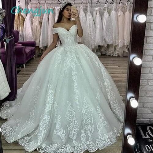Chengjun V Neck Tulle Ball Gown Lace Off Shoulder Wedding Dress