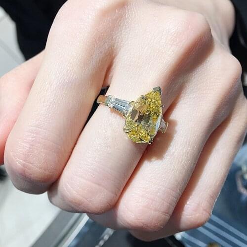 Solid 18K White Gold 3.5ctw Yellow Moissanite Pear Cut Ring Side Baguette Lab Diamond Ring Fine gold jewelry for Women