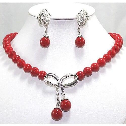 Real new-jewelry Womens Wedding Inlay Crystal red shell pearl pendant necklace earrings set 5.23 5.23