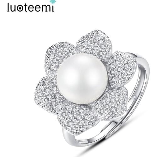 LUOTEEMI Fashion Flower Shape AAA Zircon Pave Luxury Simulated Pearl Finger Rings For Women Female Party Adjustable Size Rings