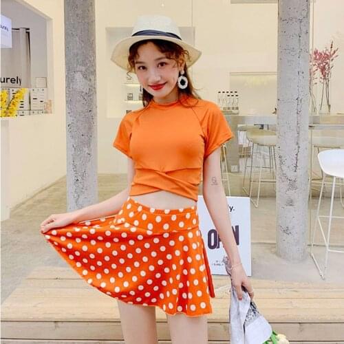 Fashion Dot Print 2 Pcs Swim Suit Korean Style Sexy Bikini Swimsuit Short Sleeve Crop Top And Skirt Swimwear Set