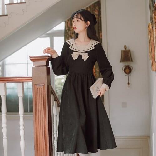 SWEETXUE 2021 New Long-Sleeved Doll Collar Bowknot Preppy Style Cute Vintage Dresses vestido