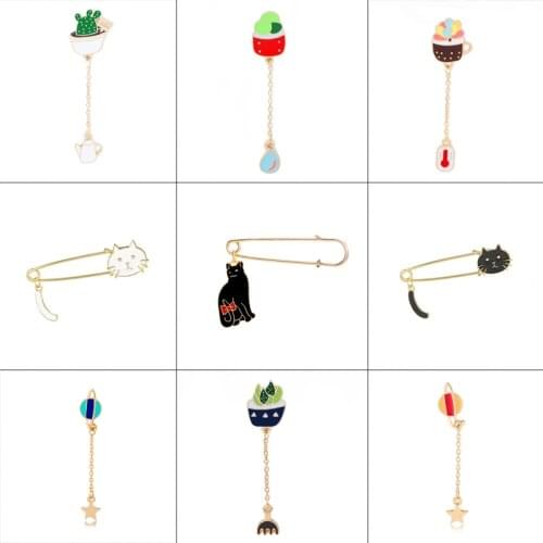 New Green Cactus Potted Plant Brooches Cute Black White Cat Head Animal Enamel Badge Fashion Men Women Drip Pin Clothing Jewelry