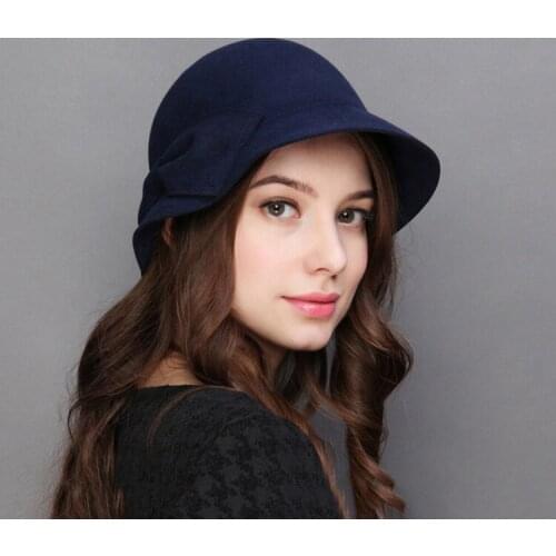 New Bow Wool Felt Bowler Hats For Women Chapeu Fedoras Top Hats Female Free Shipping PWSV003