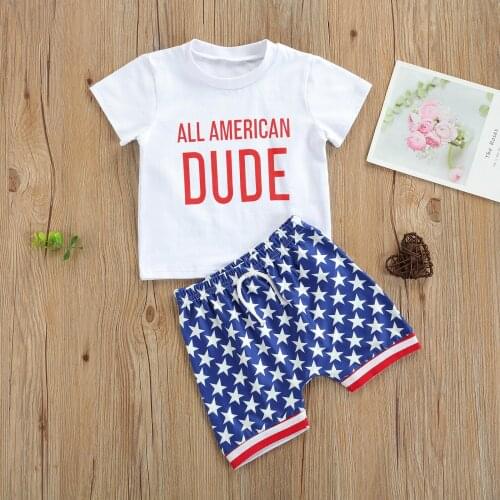 Boys Casual Independence Day Two-piece Clothes Set White Letter Short Sleeve Round Collar Tops and Star Shorts Outfit