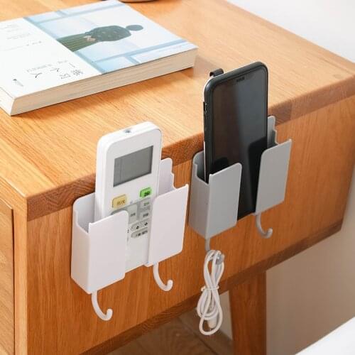 Self-adhesive Organizer Storage Box Wall Mounted Mobile Phone Charging Rack Remote Control Plug Wall Holder With 2 Hooks Home