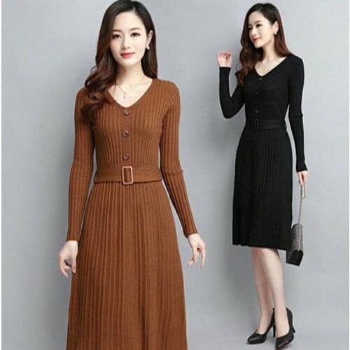 V neck black sweater dress plus size winter long sleeve knitted dress elegant korean office dress vestidos button belt dresses