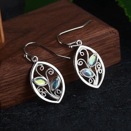 Vintage antique moonstone leaf simple earrings women fashion silver plated Dangle Earrings Indian Jewelry