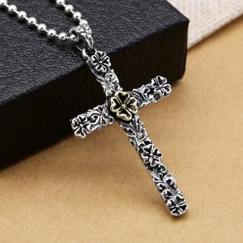 S925 Sterling Silver Jewelry Retro Fashion Korean Personality Cross Inlaid Copper four-leaf Clover Male And Female Pendant