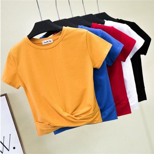 Womens T-shirt Crop Top Summer Shirt Cross O-neck Women Crop Top T-Shirt Casual Solid T-Shirt Cotton High Waist Camiseta Mujer